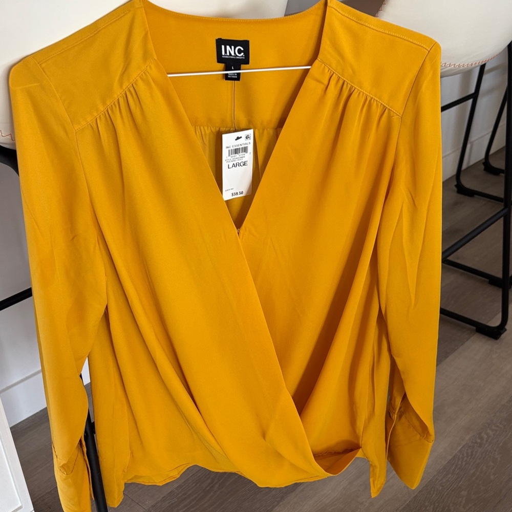 INC International Concepts Mustard Yellow Faux Wrap Blouse